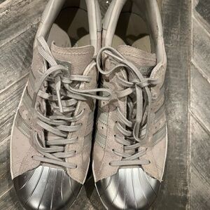 Adidas Light Gray and Silver Shell Toe Sneakers